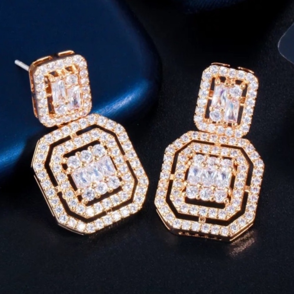 NEW - 14K Gold Cubic Zirconia Pave Drop Earrings